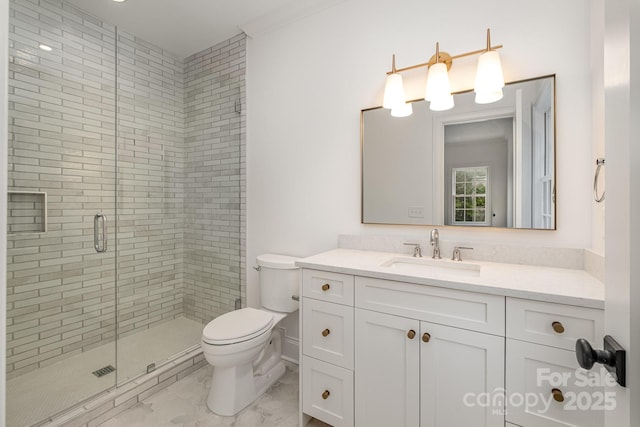 bathroom featuring walk in shower, vanity, and toilet