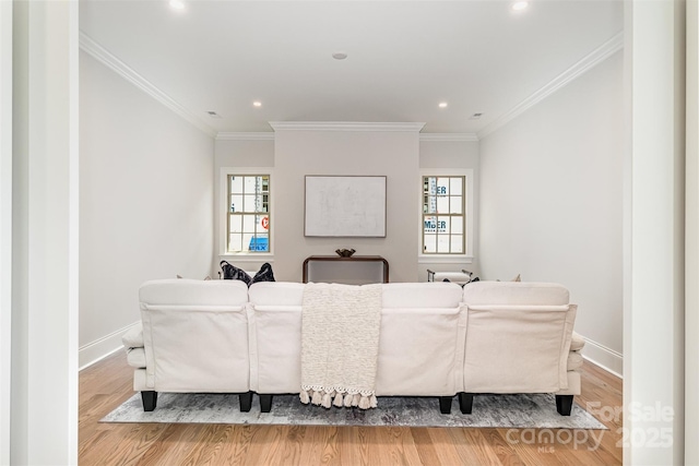 living room with crown molding and light hardwood / wood-style flooring