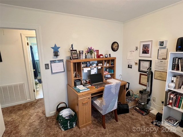 office area featuring ornamental molding, carpet, visible vents, and baseboards