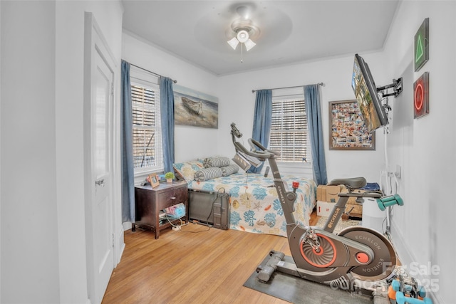 exercise area with hardwood / wood-style flooring and ceiling fan