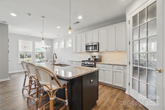 kitchen featuring stainless steel appliances, a kitchen island with sink, a sink, visible vents, and backsplash