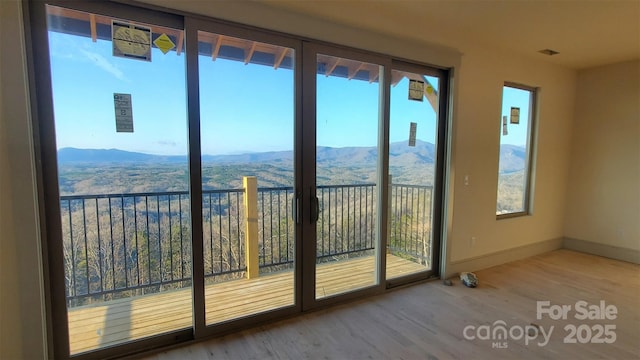 doorway to outside featuring a mountain view and wood-type flooring