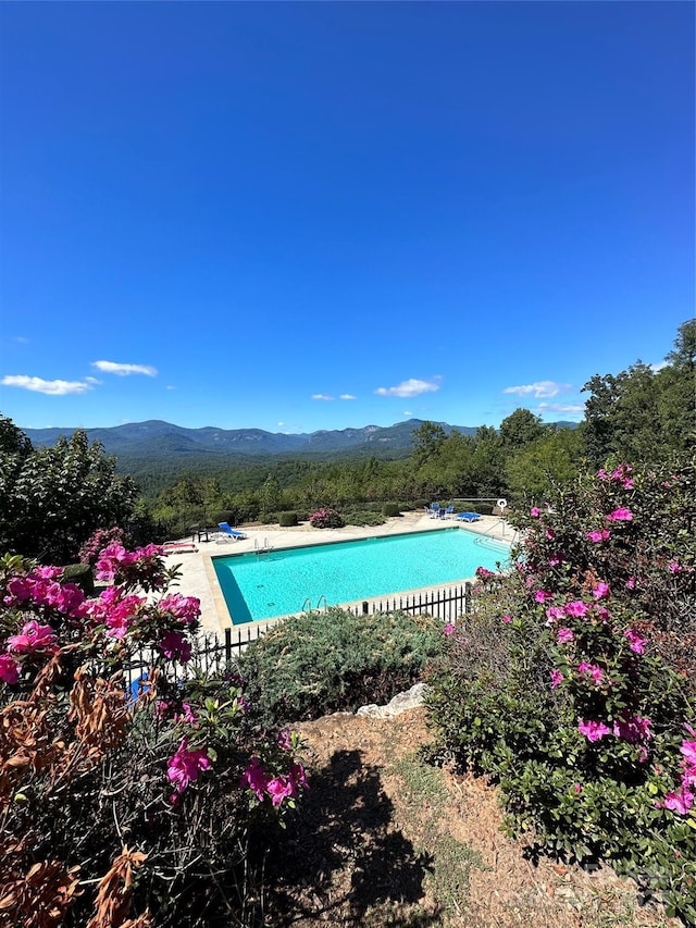 view of swimming pool featuring a mountain view and a patio