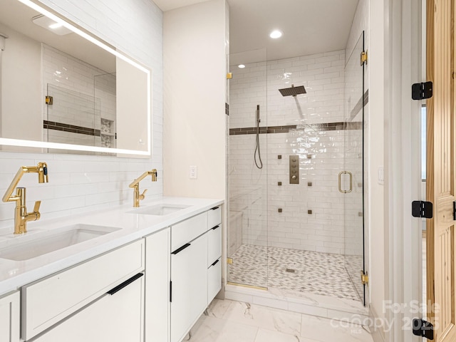 246 Half Moon Mile, Lake Lure, NC 28746 - bathroom featuring marble finish flooring, recessed lighting, a stall shower, and double vanity