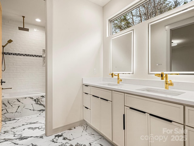 246 Half Moon Mile, Lake Lure, NC 28746 - full bath with marble finish floors, double vanity, a combined bath / shower with rainfall shower, and recessed lighting
