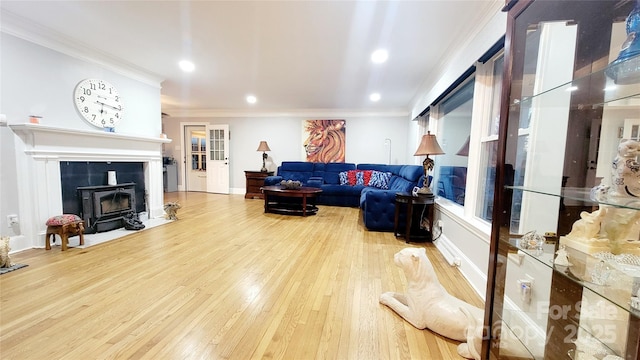 living room featuring hardwood / wood-style floors and crown molding