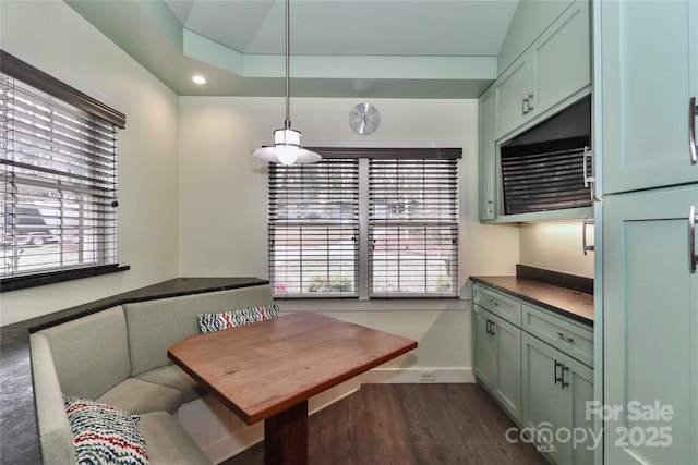 dining space with breakfast area, dark hardwood / wood-style flooring, and a healthy amount of sunlight