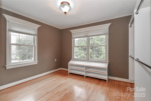 spare room featuring ornamental molding, plenty of natural light, and light wood-type flooring