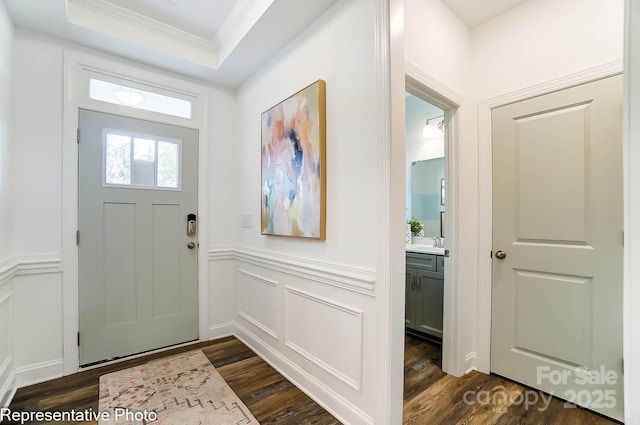 entrance foyer featuring a raised ceiling, ornamental molding, and dark hardwood / wood-style floors