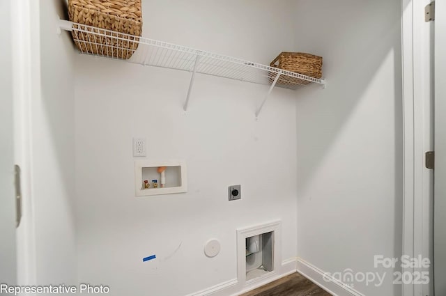 clothes washing area with gas dryer hookup, washer hookup, hookup for an electric dryer, and dark hardwood / wood-style flooring