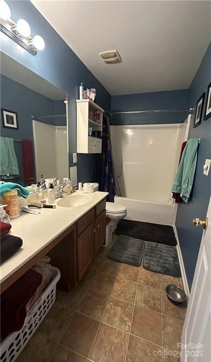 full bathroom featuring shower / tub combination, toilet, tile patterned floors, and vanity