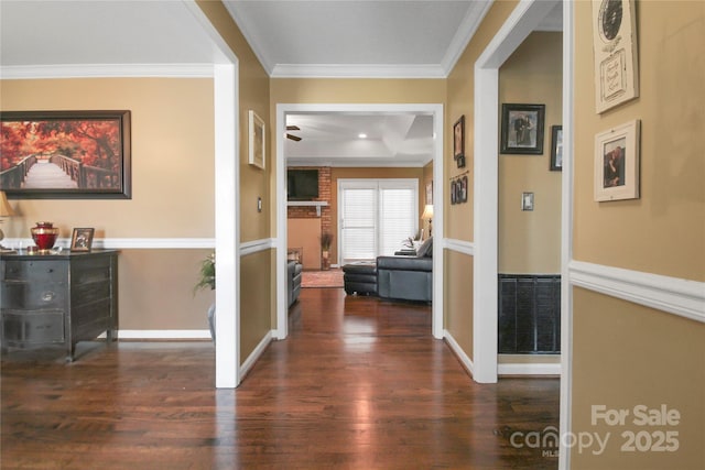 hallway featuring crown molding and dark wood-type flooring