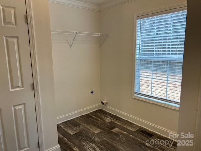 clothes washing area featuring laundry area, baseboards, visible vents, dark wood-style floors, and electric dryer hookup