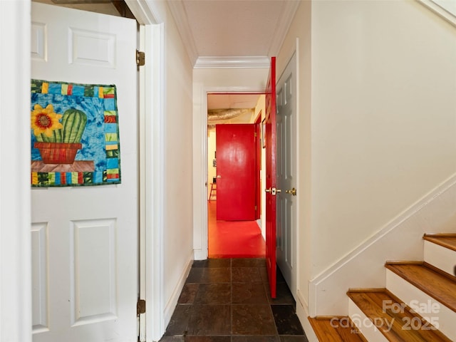 hall with stairs and ornamental molding