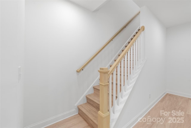 staircase with hardwood / wood-style flooring