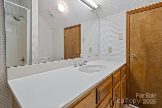 bathroom featuring toilet, a shower, vaulted ceiling, a textured ceiling, and vanity