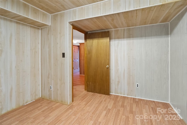 spare room featuring wood-type flooring, wooden walls, and wood ceiling