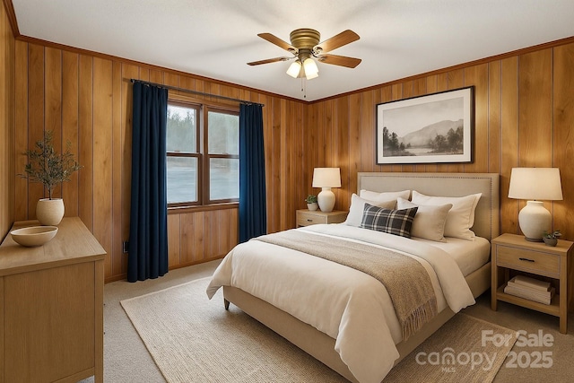 5580 Crepe Myrtle Rd, York, SC 29745 - bedroom with light colored carpet, wooden walls, a ceiling fan, and ornamental molding