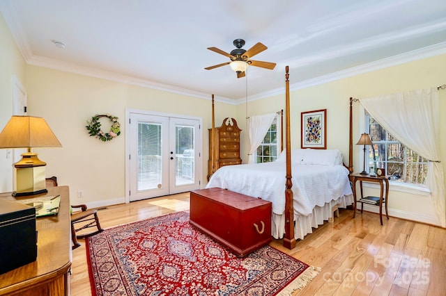 bedroom with french doors, access to outside, ornamental molding, hardwood / wood-style flooring, and ceiling fan