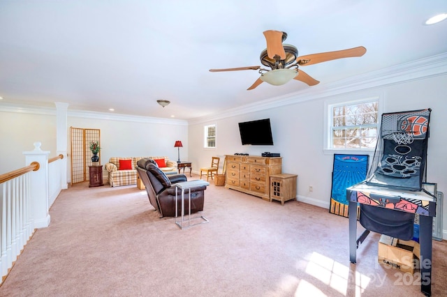 living room with light carpet and ornamental molding