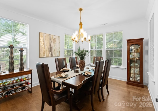 dining room with crown molding, a wealth of natural light, and wood-type flooring