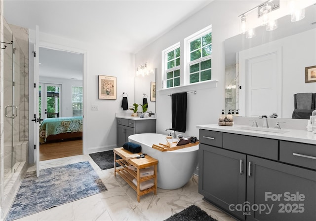 bathroom featuring independent shower and bath, vanity, and a wealth of natural light