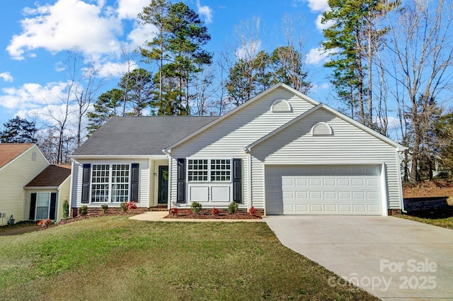 ranch-style home with a front yard, driveway, and an attached garage