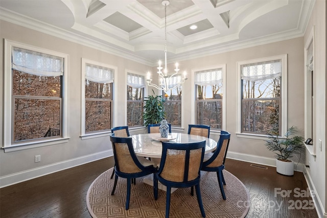 dining room with dark wood-type flooring, coffered ceiling, a chandelier, and beamed ceiling