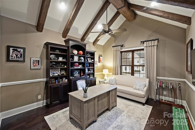 office with beamed ceiling, ceiling fan, dark hardwood / wood-style flooring, and high vaulted ceiling