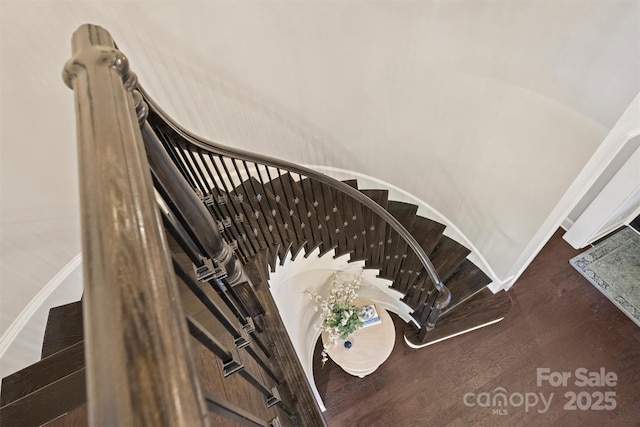 staircase with lofted ceiling and hardwood / wood-style flooring