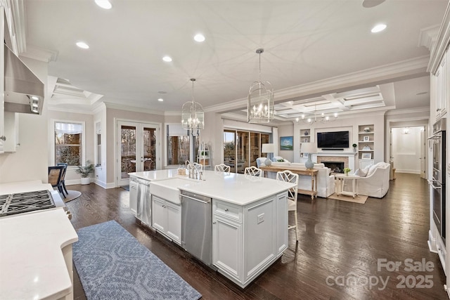 kitchen featuring coffered ceiling, appliances with stainless steel finishes, open floor plan, french doors, and a fireplace