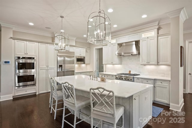 kitchen featuring crown molding, decorative backsplash, a kitchen island with sink, wall chimney range hood, and built in appliances