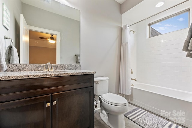 full bath with toilet, shower / bath combo with shower curtain, a ceiling fan, vanity, and tile patterned floors