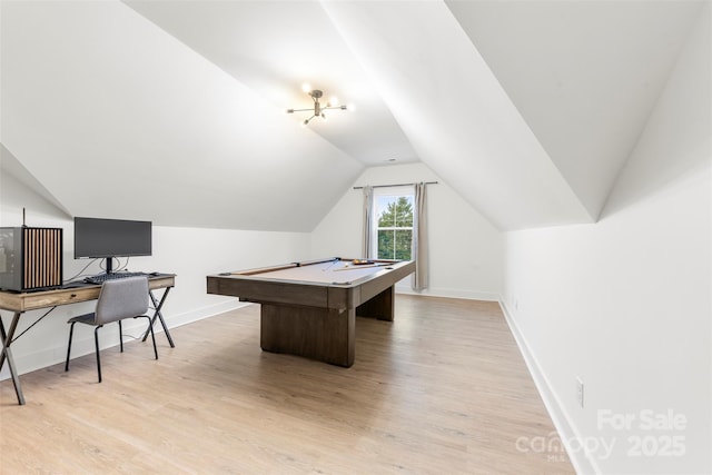 playroom featuring light hardwood / wood-style flooring, billiards, and vaulted ceiling