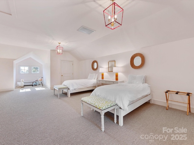 bedroom featuring carpet floors, baseboards, vaulted ceiling, and visible vents