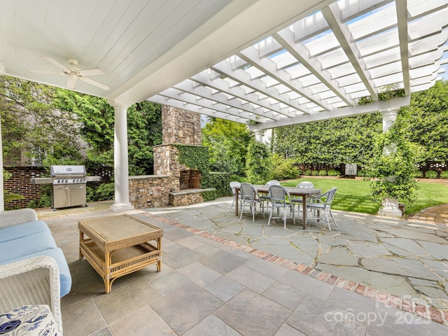 view of patio with ceiling fan, a pergola, a grill, an outdoor stone fireplace, and outdoor dining area