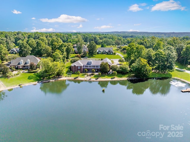 drone / aerial view featuring a water view and a view of trees