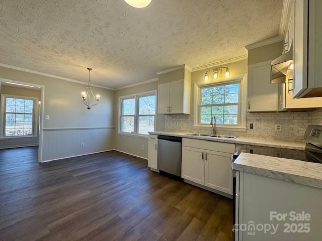 kitchen featuring stainless steel dishwasher, sink, hanging light fixtures, and white cabinets