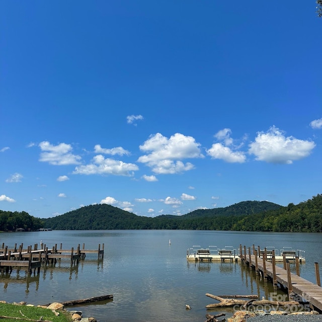 dock area with a water and mountain view and a wooded view