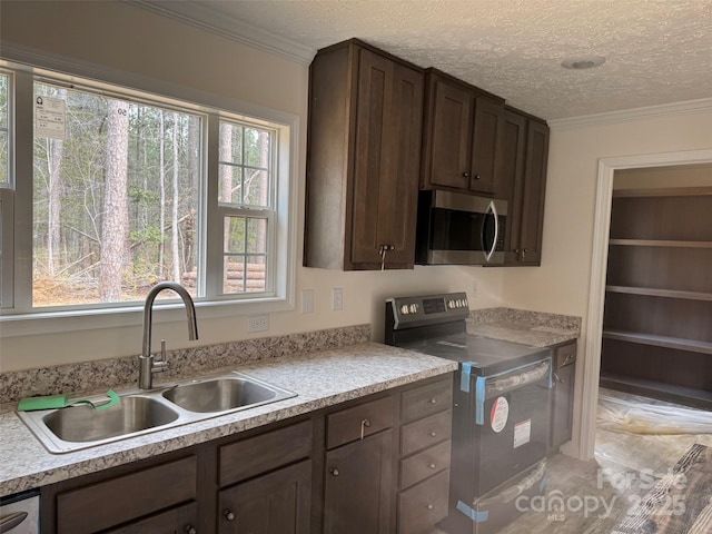 kitchen with a sink, stainless steel appliances, dark brown cabinetry, and crown molding