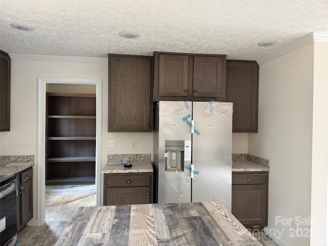kitchen with light stone counters, stainless steel fridge with ice dispenser, ornamental molding, dark brown cabinets, and a textured ceiling