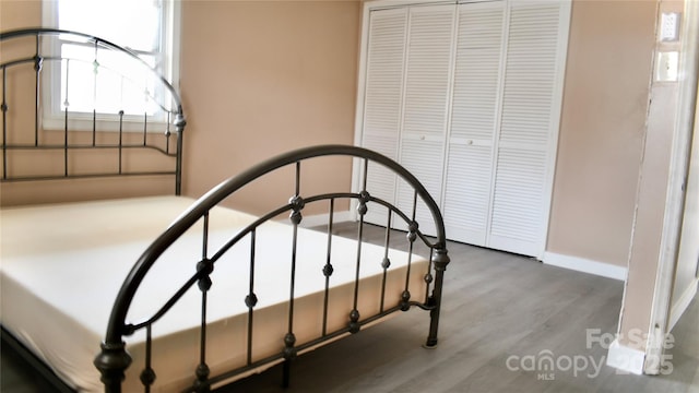 bedroom with wood-type flooring and a closet