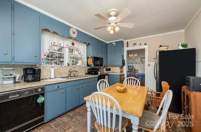 kitchen with blue cabinetry, ornamental molding, sink, and black appliances