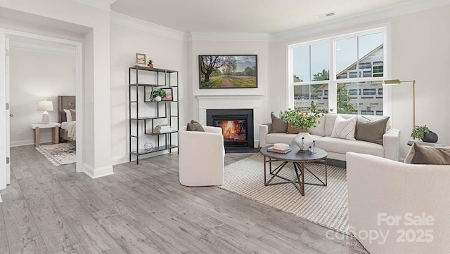 108 Sari St, Troutman, NC 28166 - living area with a glass covered fireplace, crown molding, and light wood-style floors
