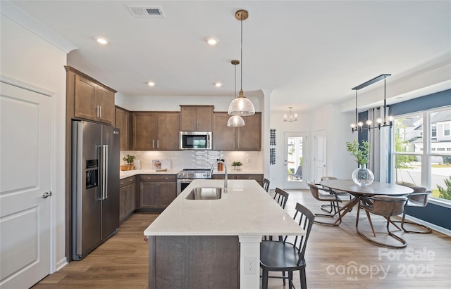 kitchen with appliances with stainless steel finishes, sink, hanging light fixtures, and a kitchen island with sink