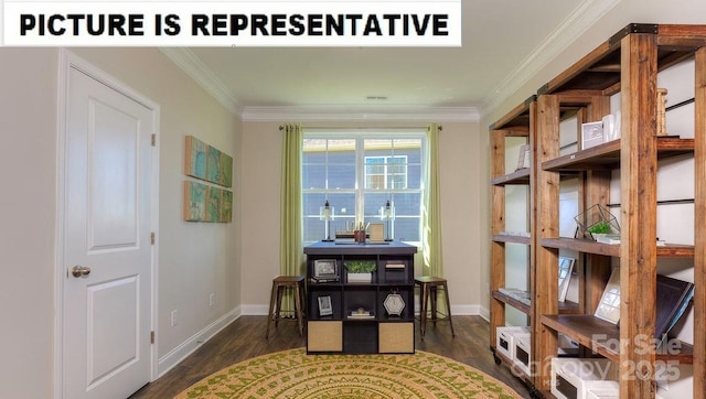 interior space with dark wood-type flooring and ornamental molding