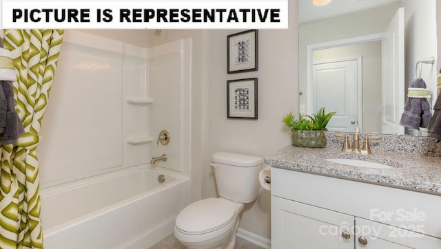 full bathroom featuring toilet, vanity, and shower / bathtub combination with curtain