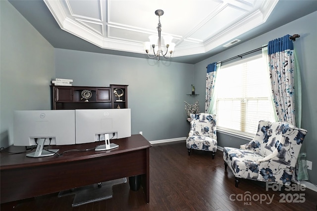 home office with crown molding, an inviting chandelier, wood finished floors, coffered ceiling, and baseboards