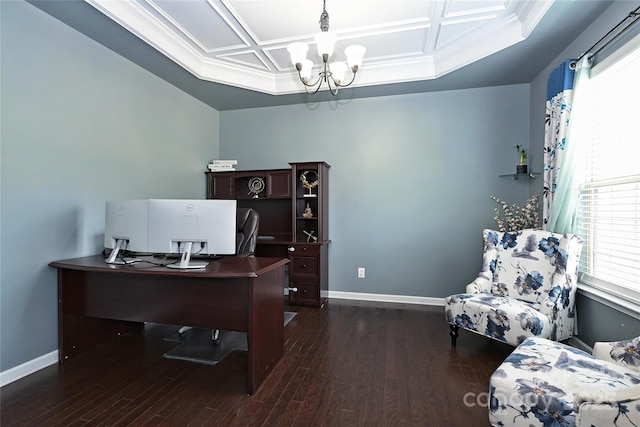 office with dark wood-style floors, coffered ceiling, a notable chandelier, and baseboards