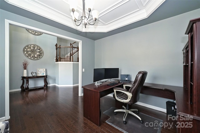 office with a chandelier, ornamental molding, wood finished floors, and baseboards